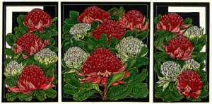 8-waratah-tryptich-limited-edition-handcoloured-linocut-1